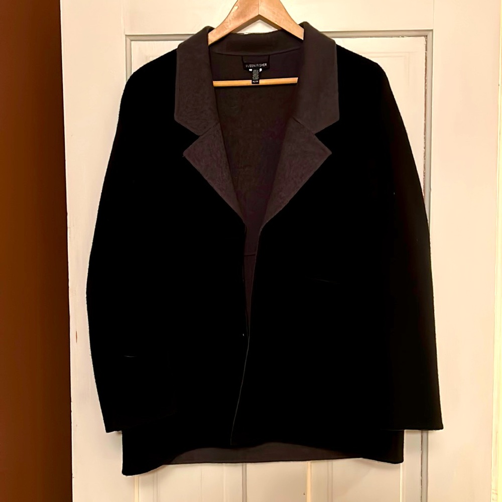 Eileen Fisher black and grey wool felt cardigan